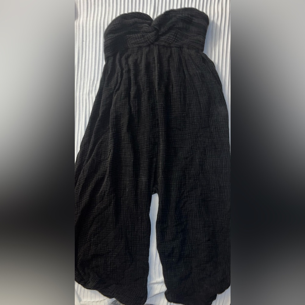ANTHROPOLOGIE Strapless Jumpsuit Women's Charcoal Black Gauze Cotton Wid…